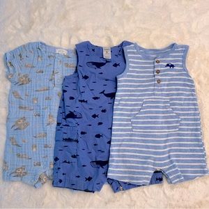 Bundle of 3 Summer Boy’s Rompers | 2 Blue Carters Overalls + Angel Dear Playsuit